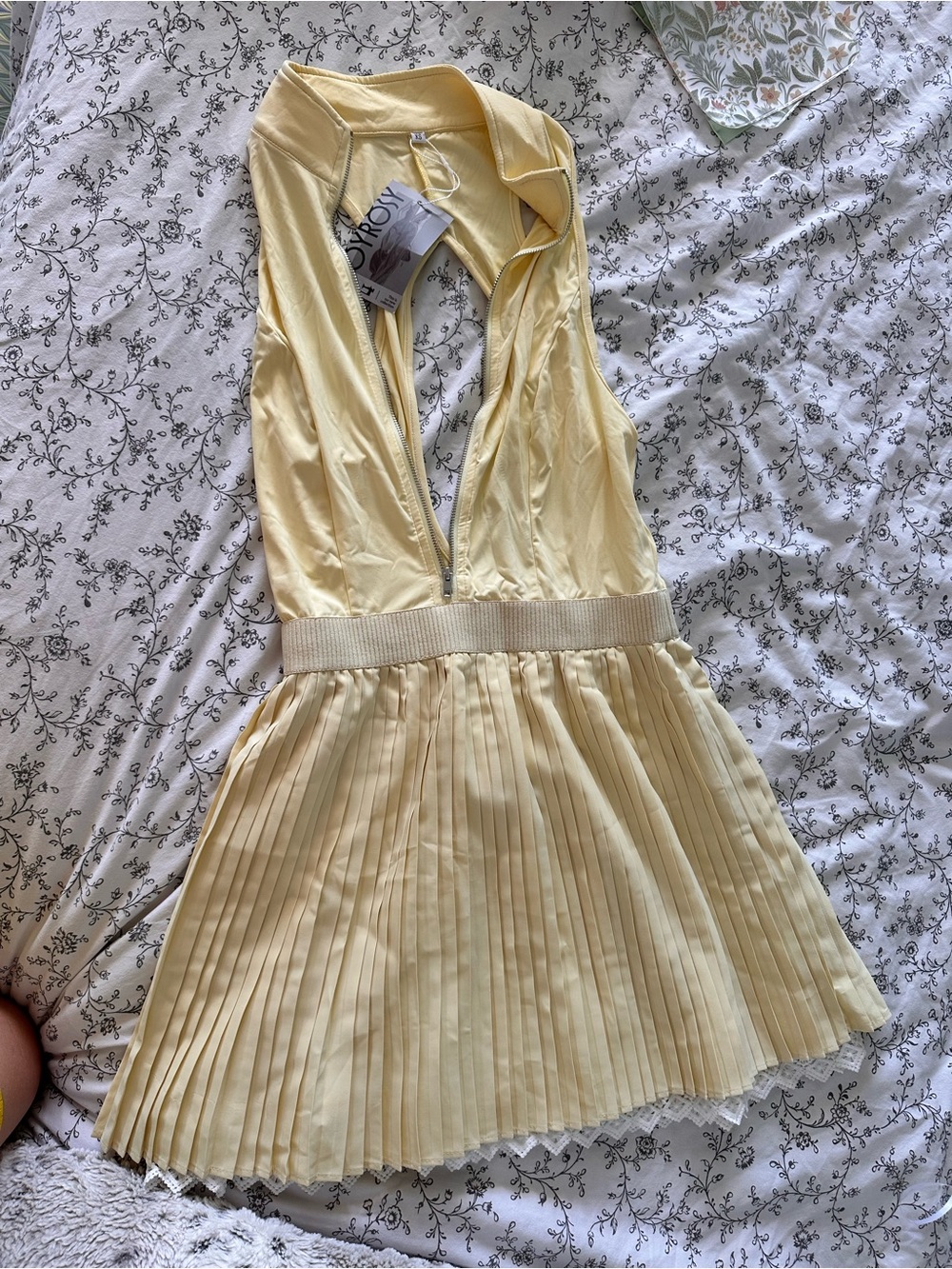 Yellow Pleated Mini Dress with Zip Front